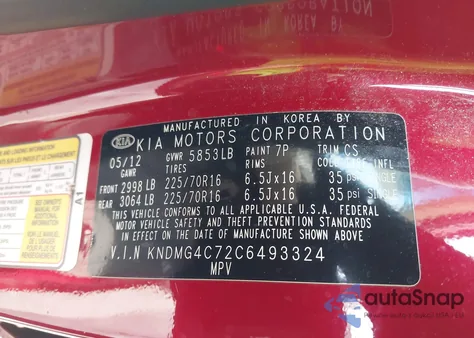 2012 Kia Sedona Lx z USA, uszkodzony, nr VIN KNDMG4C72C6493324